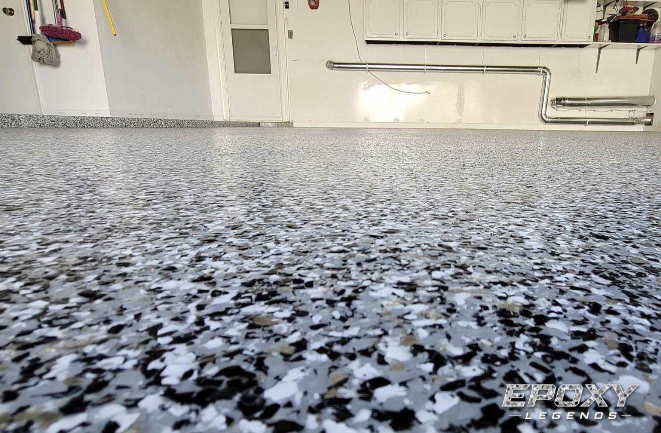 Gray, black and white flake epoxy garage floor installed by Epoxy Legends in Connecticut