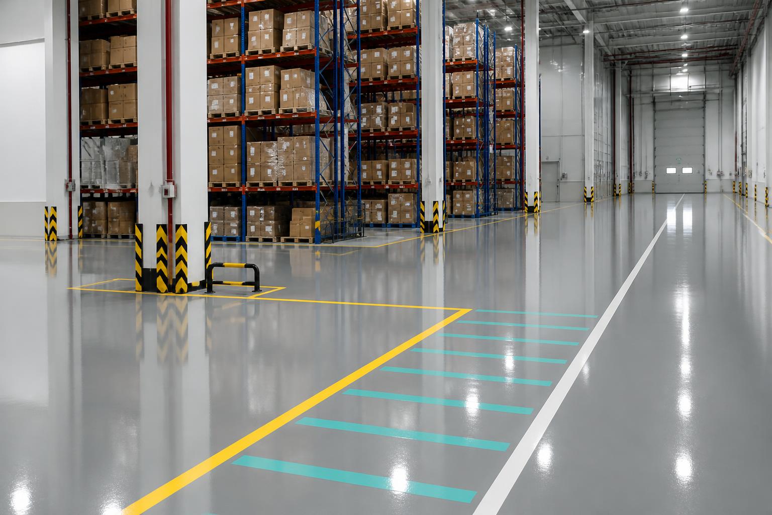 Glossy gray commercial epoxy floor coating installed in a Connecticut warehouse