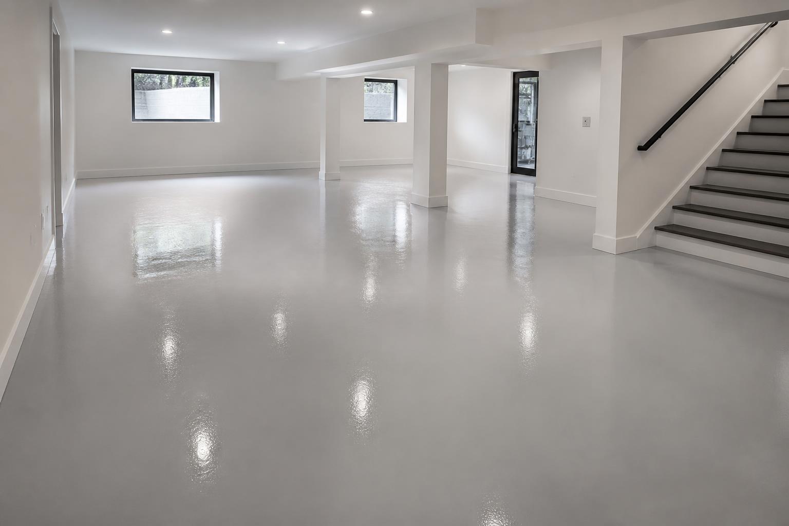 Seamless light gray epoxy floor coating installed in a finished Connecticut basement